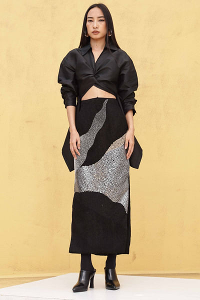 Black asymmetric draped shirt and skirt set