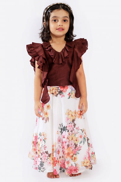 Brown frilled top and floral skirt