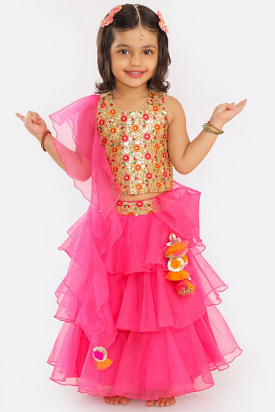 Fuchsia frilled lehenga set