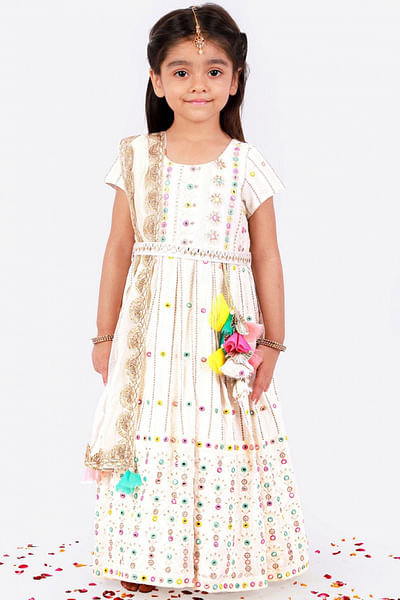 Pearl white embroidered anarkali set