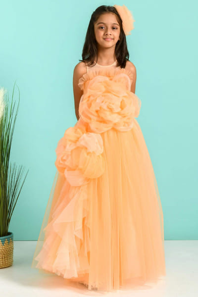 Peach floral gown and hair clip