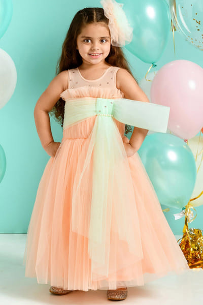 Mint and peach gown and hair clip