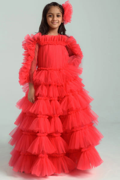 Red ruffle-accented gown