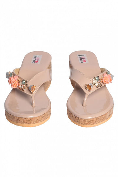 Peach and gold embellished sandals
