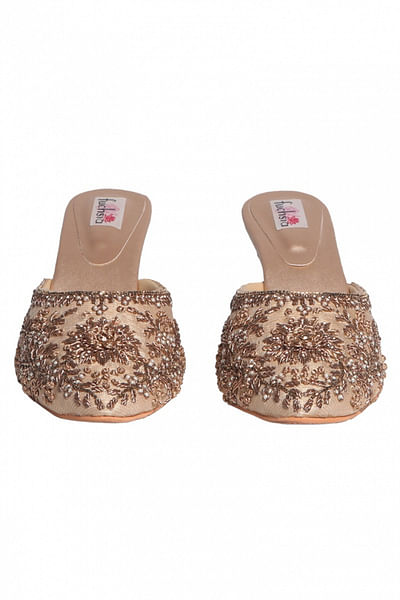 Gold embroidered kitten sandals
