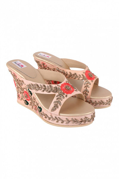 Peach embellished platform sandals