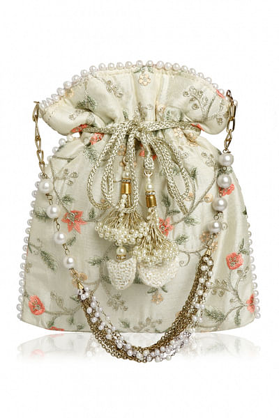 White floral embellished potli bag