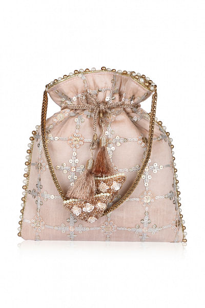 Peach sequin embellished potli bag