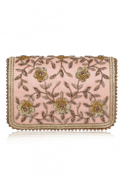 Peach floral embroidered clutch