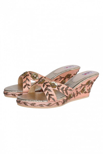Peach embellished platform heels