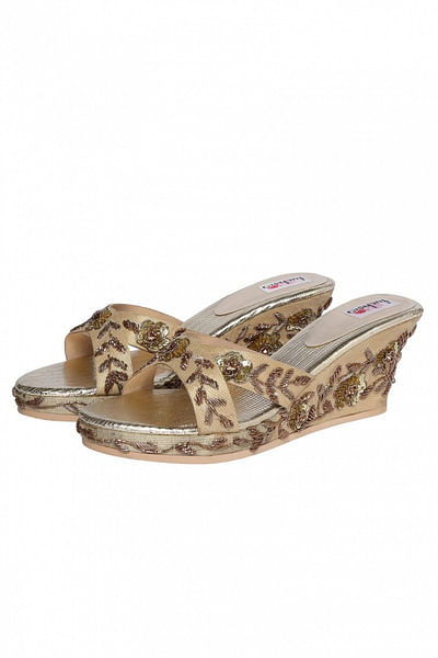 Gold embroidered platform heels