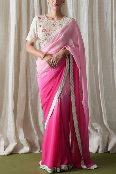 Fuchsia and pink ombre embellished sari set