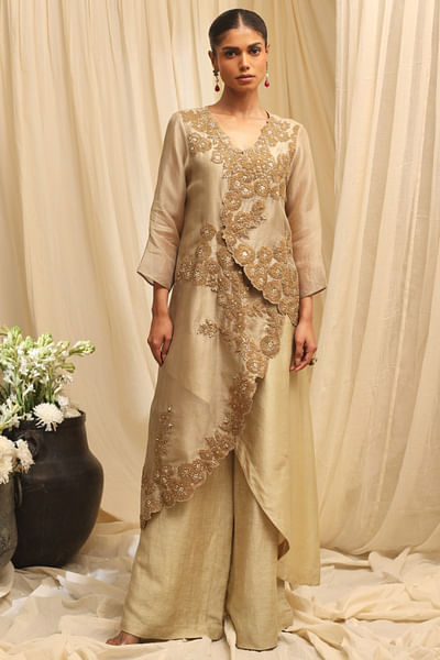 Oyster beige embroidered overlay jacket set