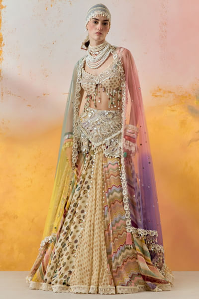 Multicolour print embroidered lehenga set