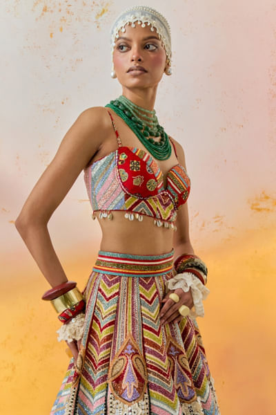 Multicolour printed and embroidered bralette
