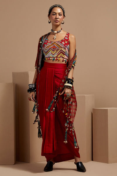 Red mural printed embroidered blouse