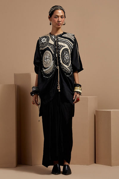 Black embroidered gilet and skirt set