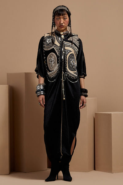 Black embroidered gilet and jumpsuit