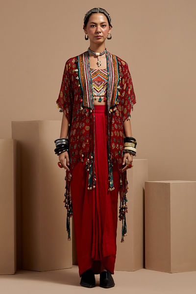 Red mural printed cape and skirt set