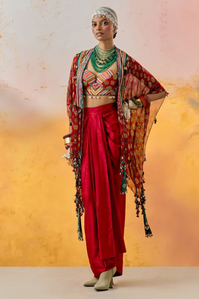 Sindoor embroidery jacket and draped skirt set