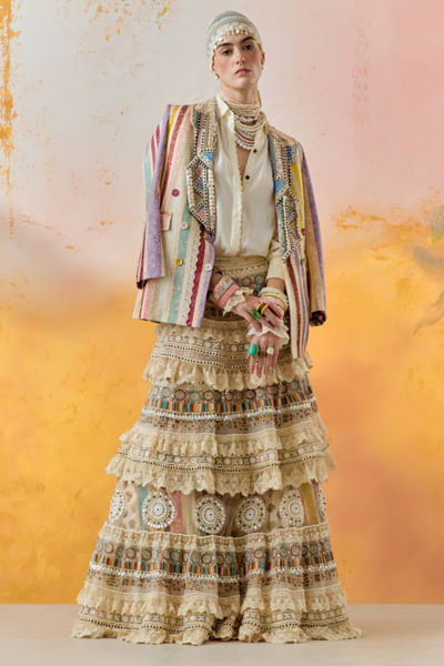 Multicolour embroidered jacket and lehenga set