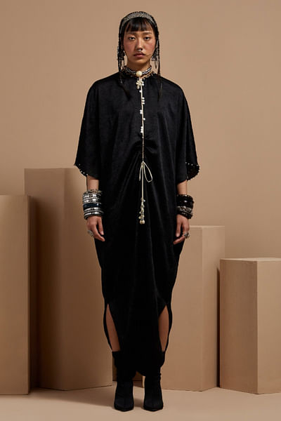 Black crushed silk kaftan jumpsuit