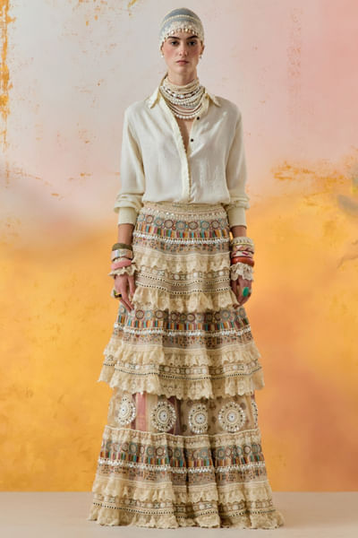 Mogra shirt and embroidered tiered lehenga set
