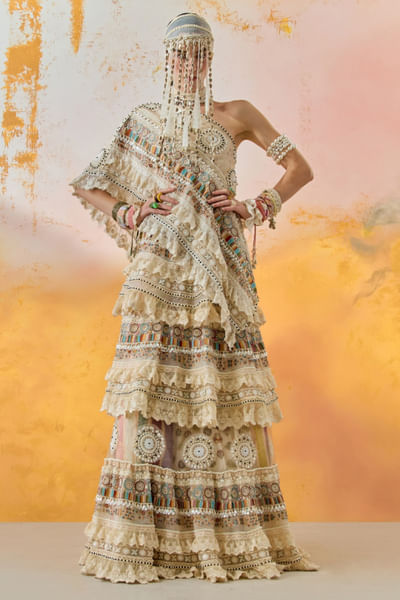 Mogra one-shoulder top and tiered lehenga set