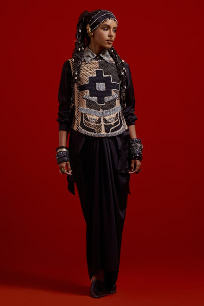 Black tribal embroidered draped skirt set