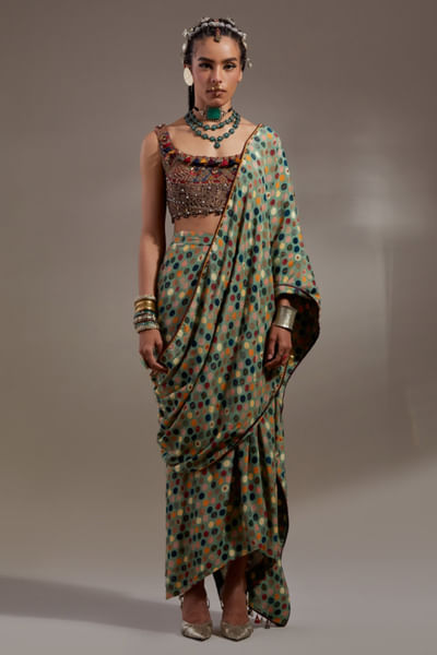 Multicoloured embroidered drape sari set