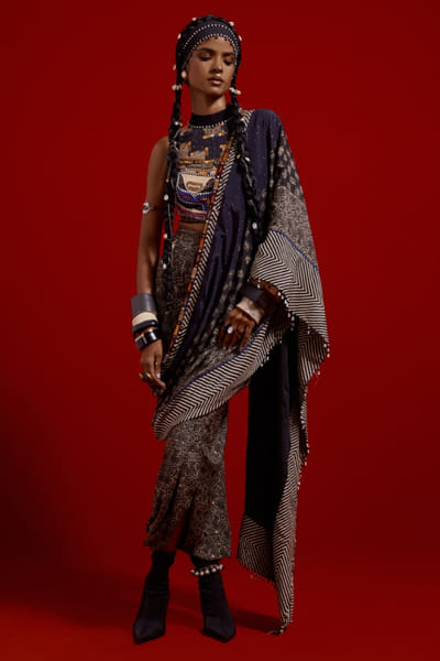 Black tribal embroidered pre-draped sari set