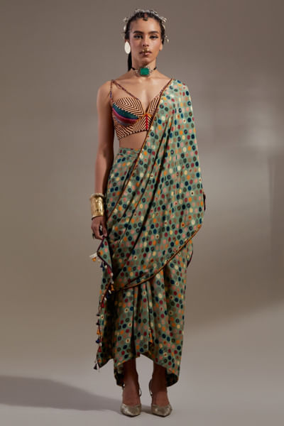 Multicoloured printed drape sari set