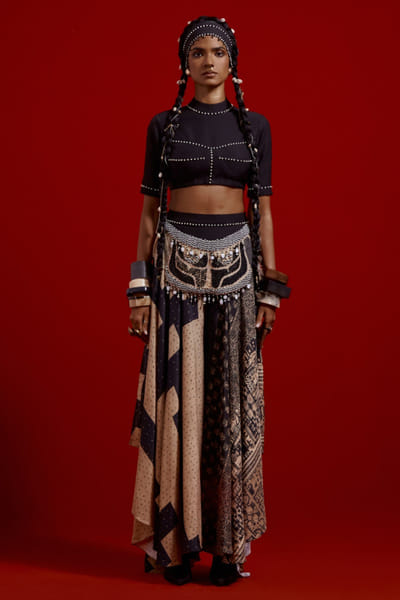 Black and ivory print embroidered skirt set