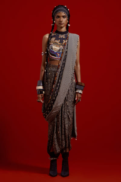 Black tribal embroidered pre-draped sari