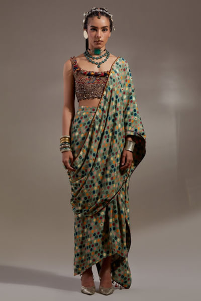 Ash green printed drape sari