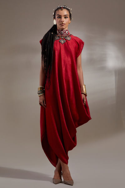 Red drop shoulder drape dress