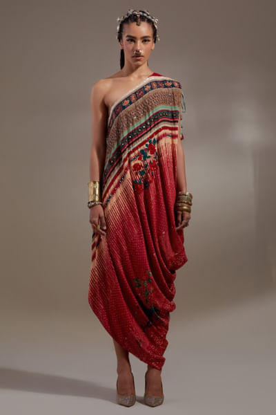 Red printed drape dress