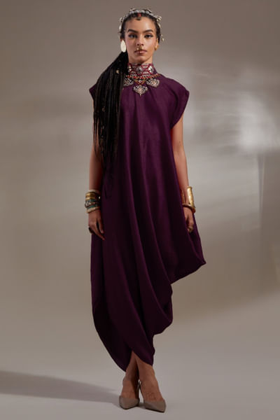 Purple embroidered drape dress