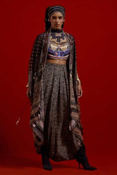 Black tribal print embroidered jacket set