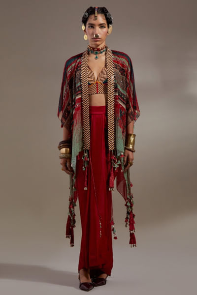 Multicoloured printed jacket skirt set