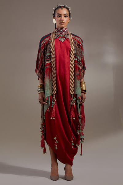 Red printed jacket and drape dress