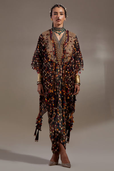 Purple printed jacket and drape dress