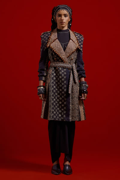 Black print embroidered trench jacket