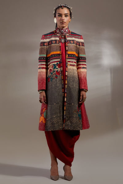 Red embroidered jacket and drape dress