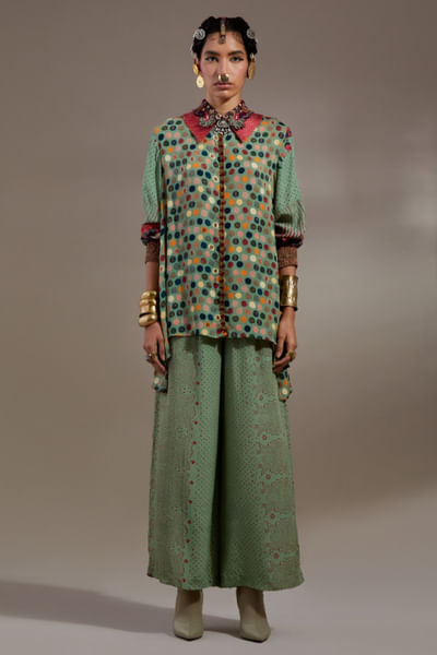 Ash green polka dot printed tunic