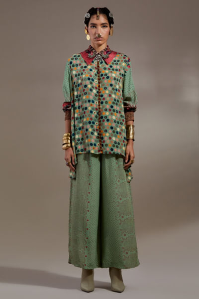 Ash green polka dot printed tunic and pants