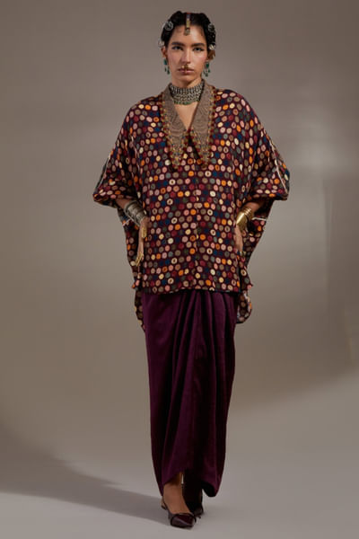 Purple polka dot printed tunic skirt set