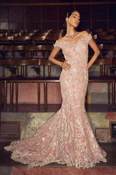Salmon pink embellished off-shoulder gown