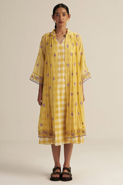 Gaach Butter yellow embroidered jacket-dress set GAACJUL26D150896