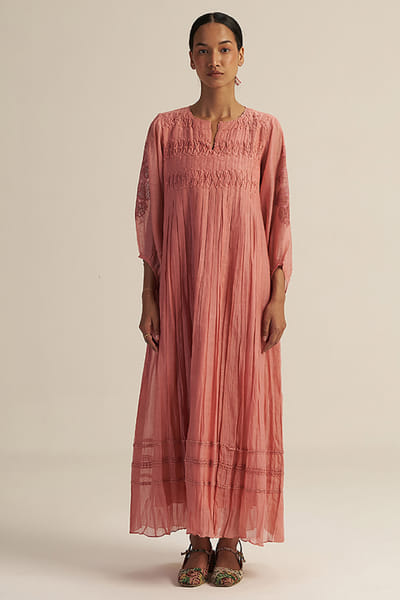 Gaach Pink bead hand embroidered smocked maxi dress GAACAUG26D153138